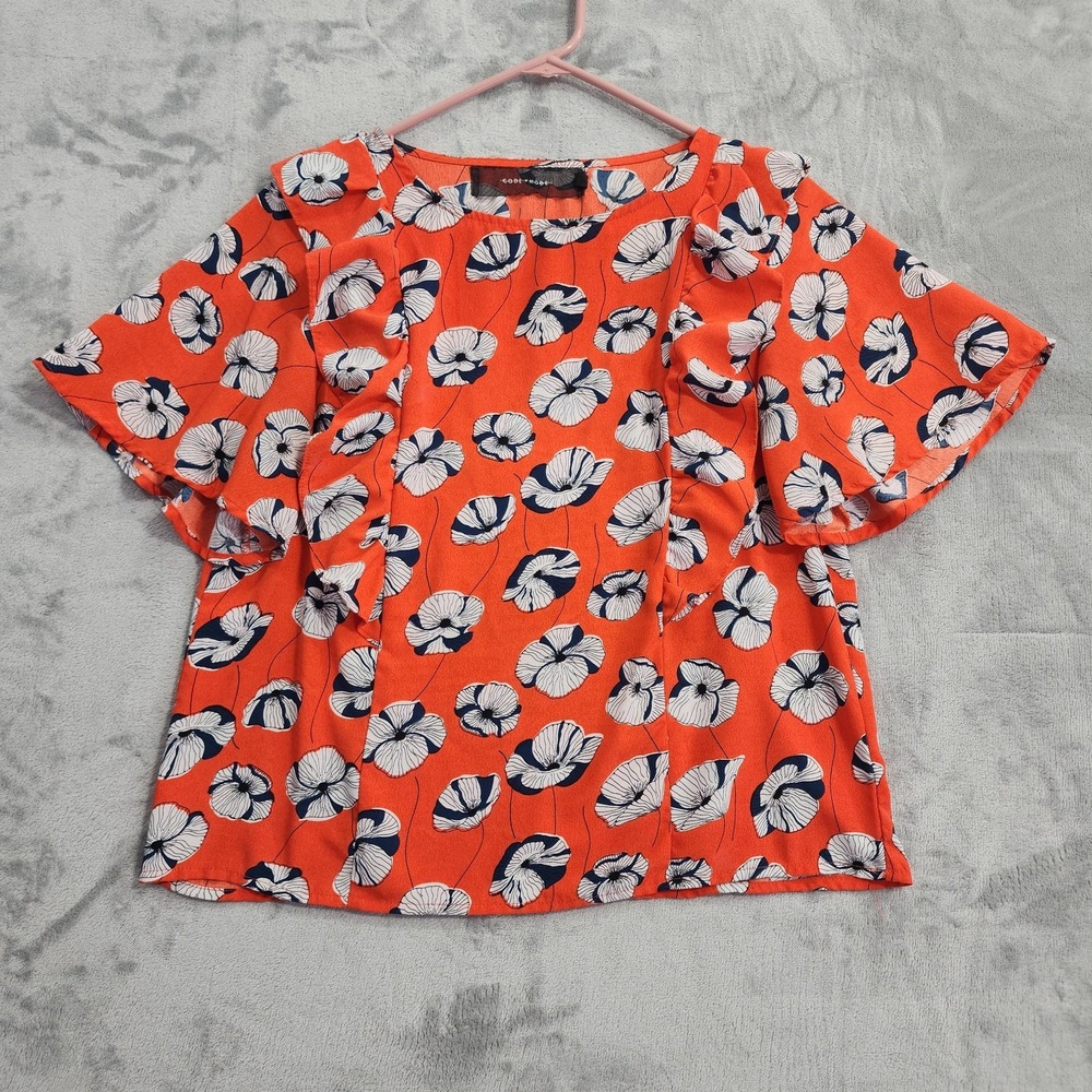 Code X Mode Top Womens‎ M Orange Floral Ruffle Flutter Sleeve Round Neck Blouse